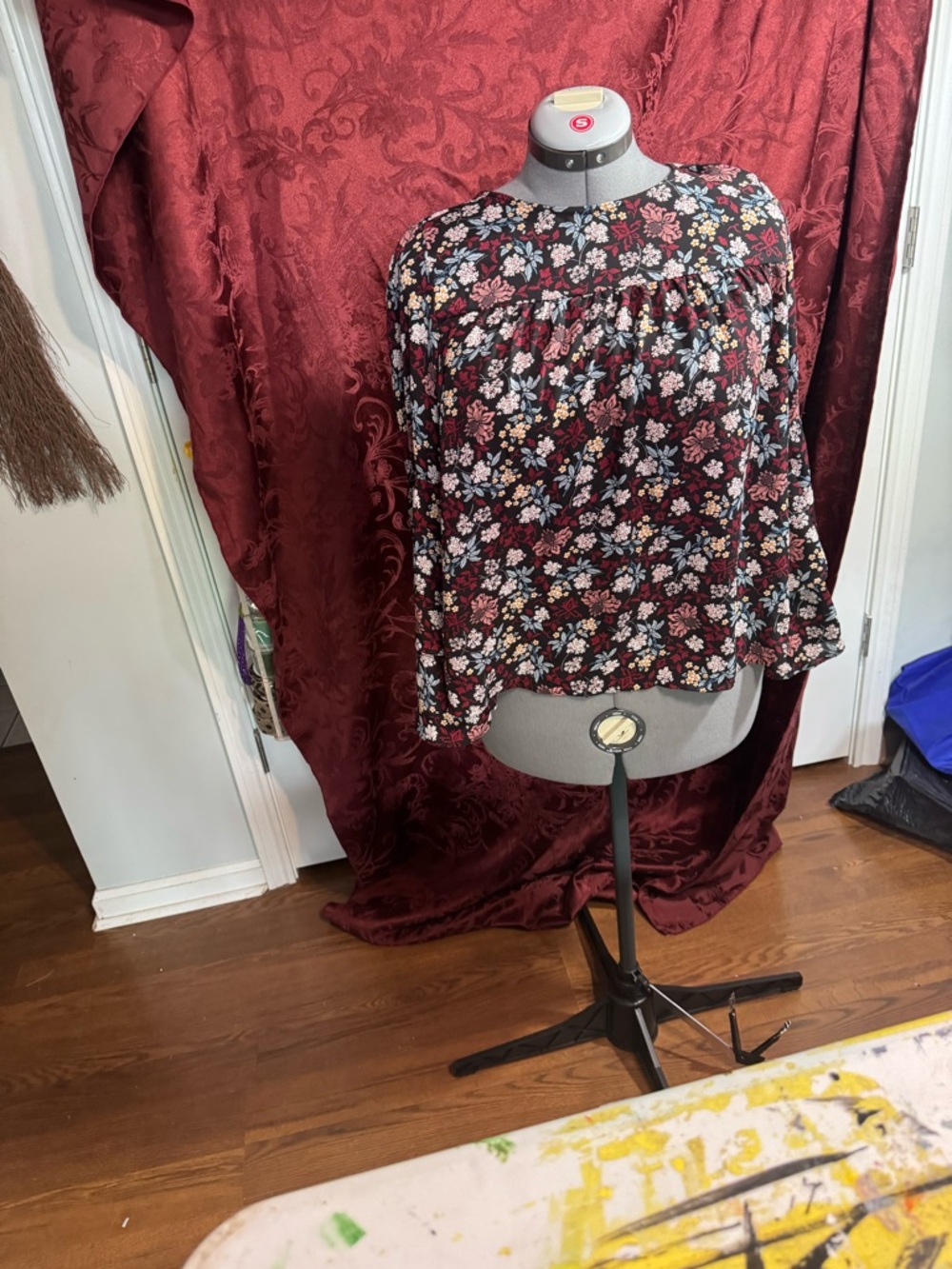 LOFT Burgundy Floral Ruffle Long-Sleeve Blouse